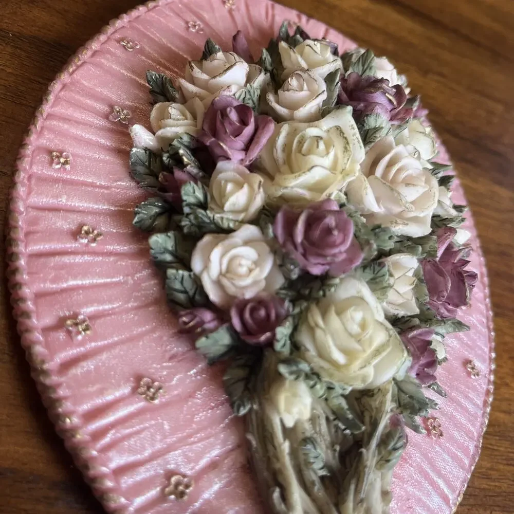 Ornate Pink Floral Handheld Vanity Mirror W/ Roses & Bow, Cottage Glam Whimsy